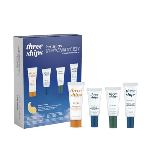 Three Ships Discovery Beauty Skincare Kit - Purify Gel Cleanser, Jelly Drops Serum, Skin Hero Serum, Radiance Hydrating Cream Avelisse