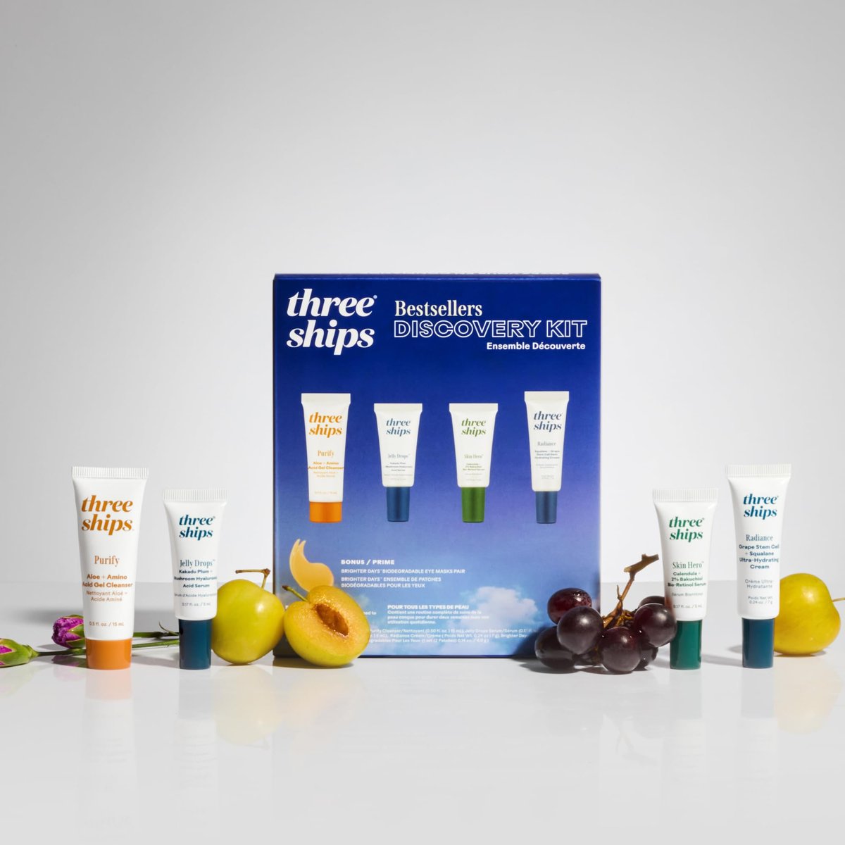 Three Ships Discovery Beauty Skincare Kit - Purify Gel Cleanser, Jelly Drops Serum, Skin Hero Serum, Radiance Hydrating Cream Avelisse