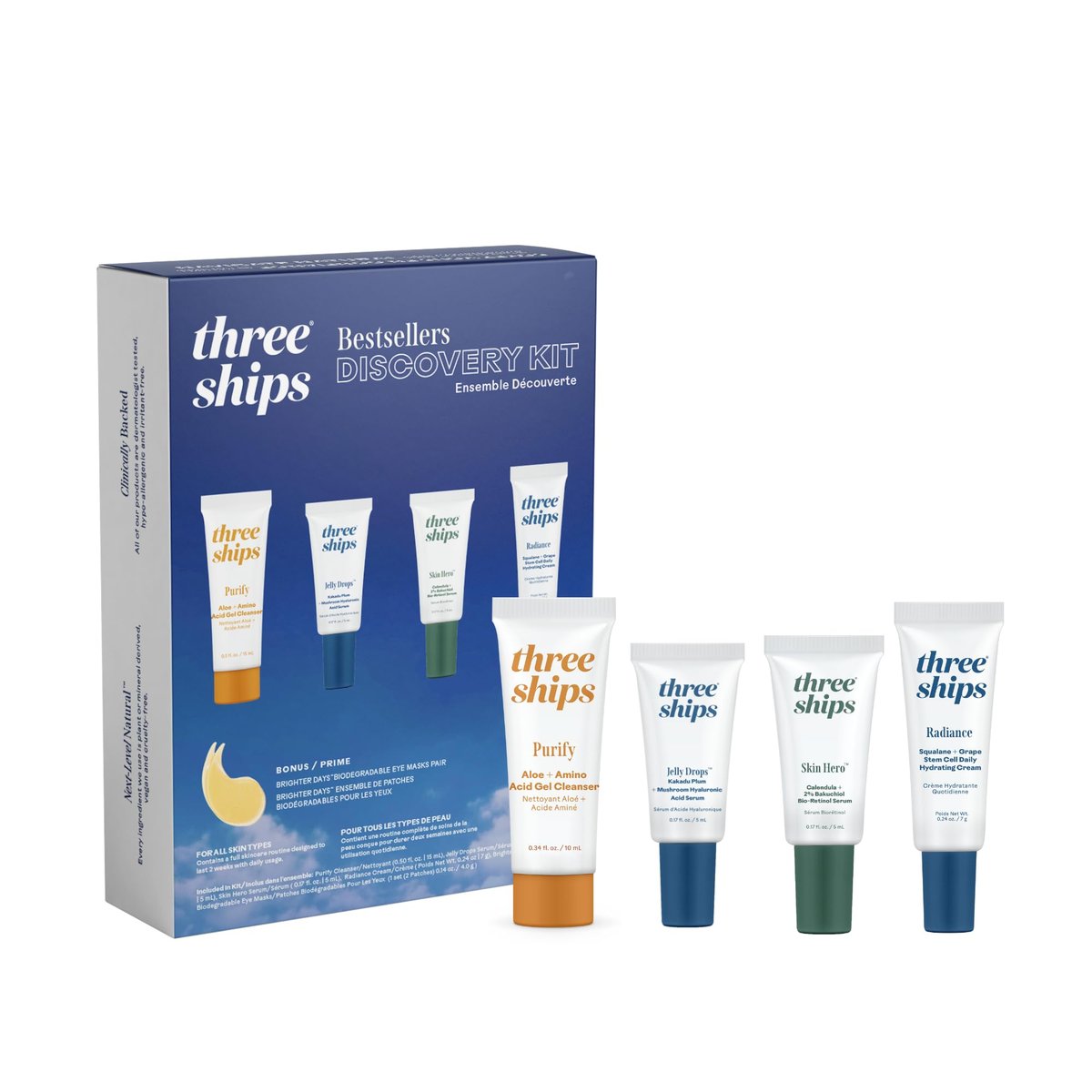 Three Ships Discovery Beauty Skincare Kit - Purify Gel Cleanser, Jelly Drops Serum, Skin Hero Serum, Radiance Hydrating Cream Avelisse