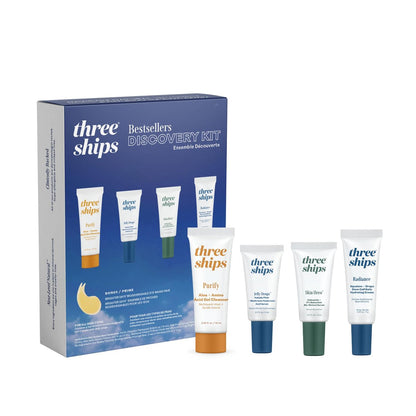 Three Ships Discovery Beauty Skincare Kit - Purify Gel Cleanser, Jelly Drops Serum, Skin Hero Serum, Radiance Hydrating Cream Avelisse
