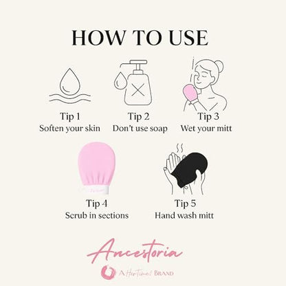 Ancestoria Korean Exfoliating Gloves for Shower - Pink and Black, 2-Pack, Deep Exfoliating Mitts for Body, Reusable & Chemical-Free by HerTime2 Avelisse