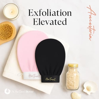 Ancestoria Korean Exfoliating Gloves for Shower - Pink and Black, 2-Pack, Deep Exfoliating Mitts for Body, Reusable & Chemical-Free by HerTime2 Avelisse