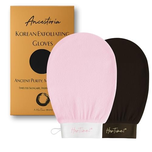 Ancestoria Korean Exfoliating Gloves for Shower - Pink and Black, 2-Pack, Deep Exfoliating Mitts for Body, Reusable & Chemical-Free by HerTime2 Avelisse