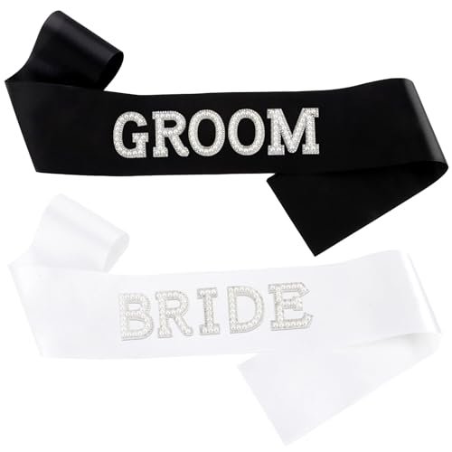 KICOSY 2-Piece Pearl Bride and Groom Sash Set: White BRIDE Sash & Black GROOM Sash for Bachelorette Party, Hen Party, Wedding, Bridal Shower & Engagement Favors - görsel 2