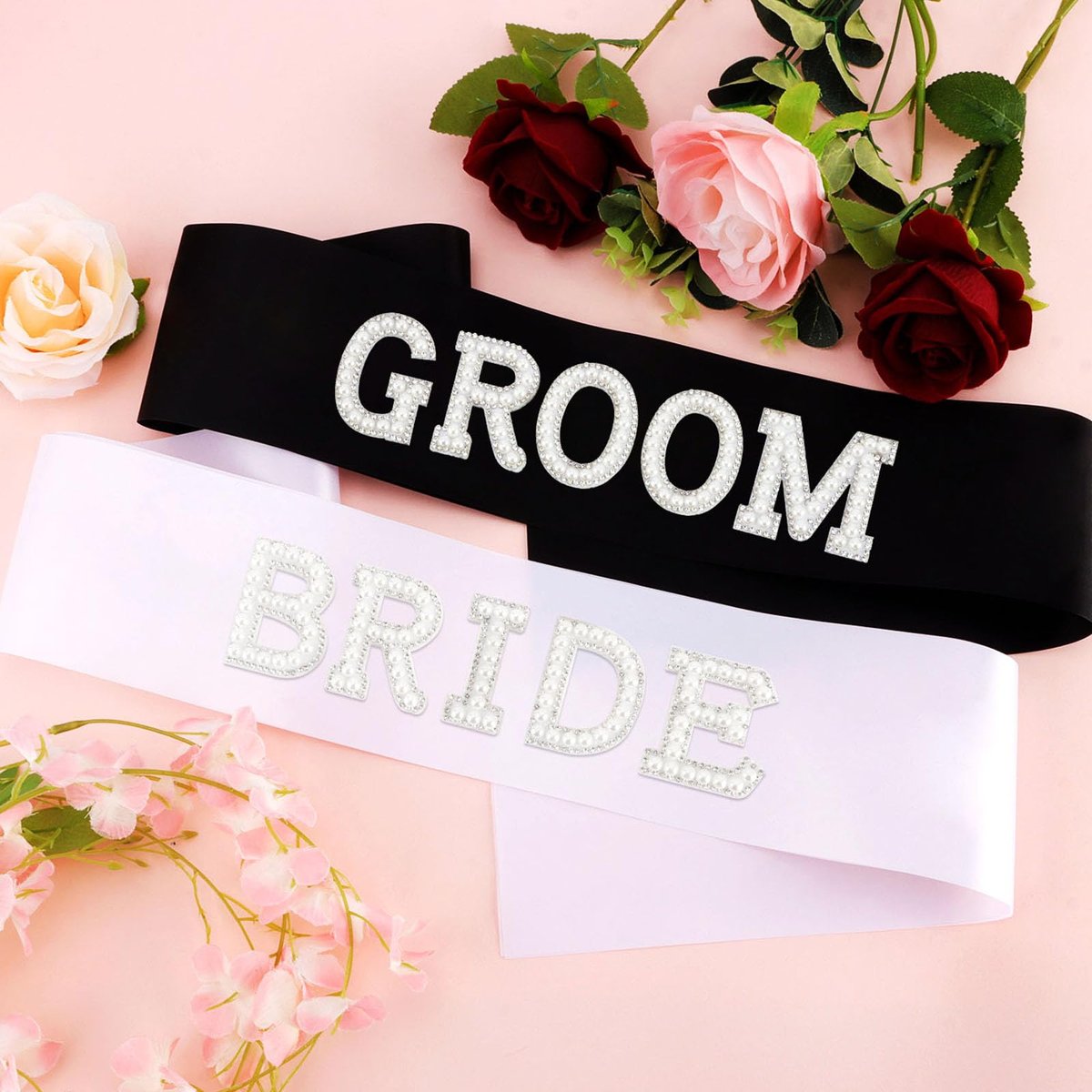 KICOSY 2-Piece Pearl Bride and Groom Sash Set: White BRIDE Sash & Black GROOM Sash for Bachelorette Party, Hen Party, Wedding, Bridal Shower & Engagement Favors - görsel 5