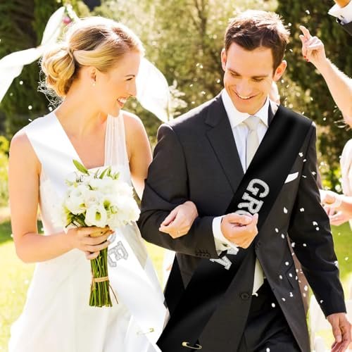 KICOSY 2-Piece Pearl Bride and Groom Sash Set: White BRIDE Sash & Black GROOM Sash for Bachelorette Party, Hen Party, Wedding, Bridal Shower & Engagement Favors - görsel 8