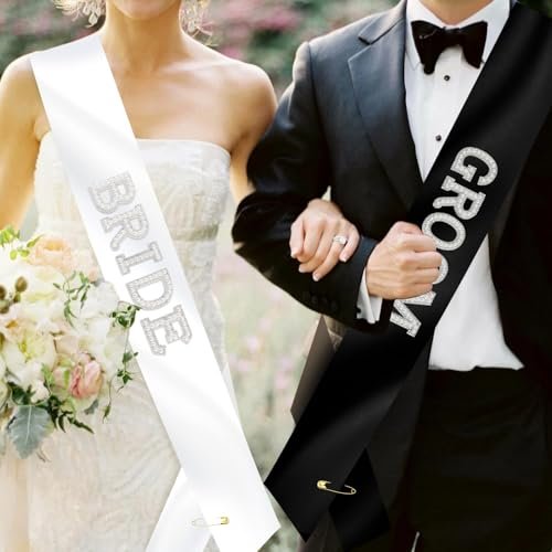 KICOSY 2-Piece Pearl Bride and Groom Sash Set: White BRIDE Sash & Black GROOM Sash for Bachelorette Party, Hen Party, Wedding, Bridal Shower & Engagement Favors - görsel 4