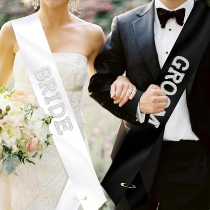 KICOSY 2-Piece Pearl Bride and Groom Sash Set: White BRIDE Sash & Black GROOM Sash for Bachelorette Party, Hen Party, Wedding, Bridal Shower & Engagement Favors
