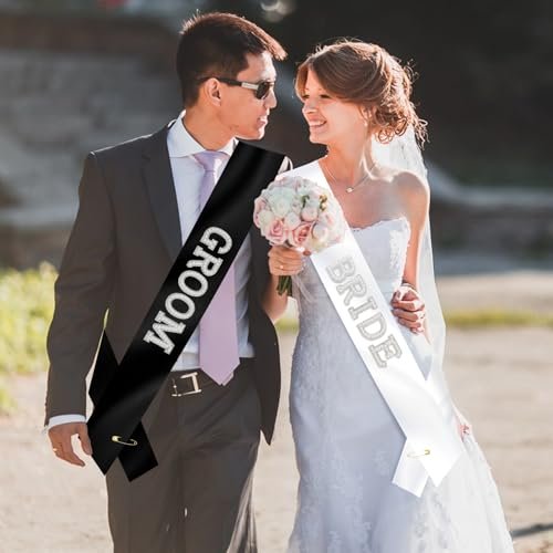 KICOSY 2-Piece Pearl Bride and Groom Sash Set: White BRIDE Sash & Black GROOM Sash for Bachelorette Party, Hen Party, Wedding, Bridal Shower & Engagement Favors - görsel 10