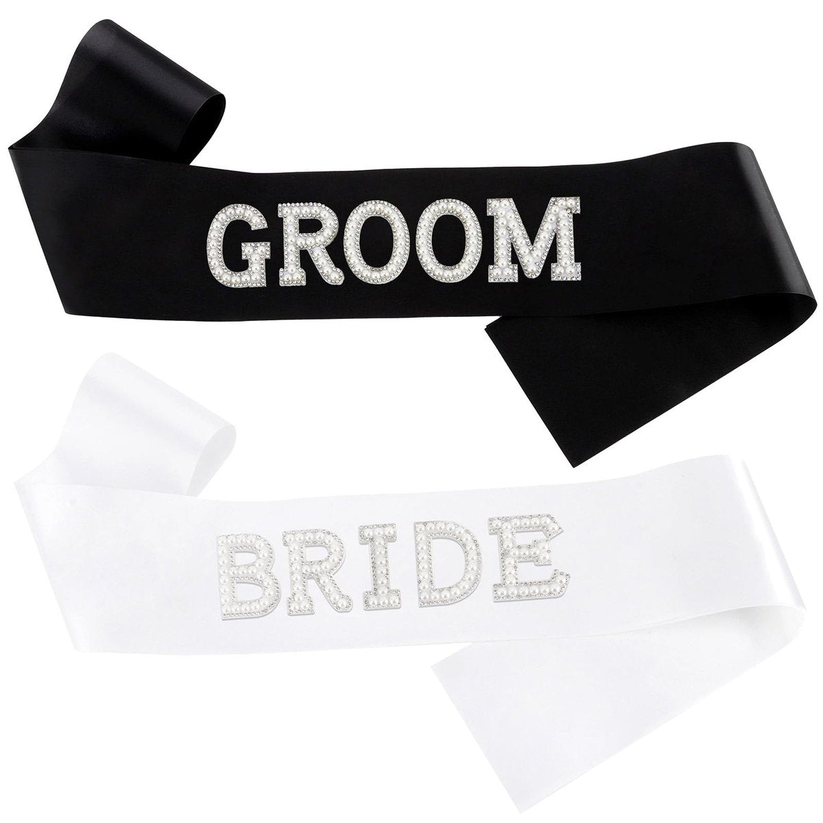 KICOSY 2-Piece Pearl Bride and Groom Sash Set: White BRIDE Sash & Black GROOM Sash for Bachelorette Party, Hen Party, Wedding, Bridal Shower & Engagement Favors - görsel 1