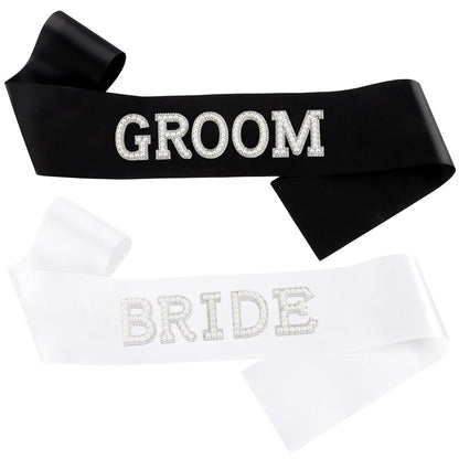 KICOSY 2-Piece Pearl Bride and Groom Sash Set: White BRIDE Sash & Black GROOM Sash for Bachelorette Party, Hen Party, Wedding, Bridal Shower & Engagement Favors