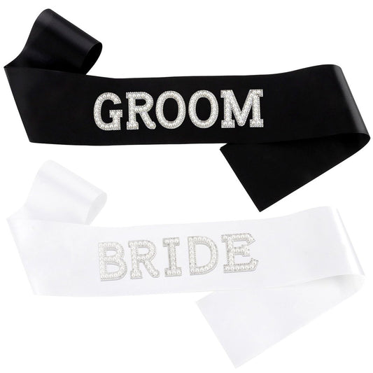 KICOSY 2-Piece Pearl Bride and Groom Sash Set: White BRIDE Sash & Black GROOM Sash for Bachelorette Party, Hen Party, Wedding, Bridal Shower & Engagement Favors