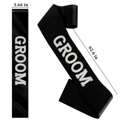 KICOSY 2-Piece Pearl Bride and Groom Sash Set: White BRIDE Sash & Black GROOM Sash for Bachelorette Party, Hen Party, Wedding, Bridal Shower & Engagement Favors