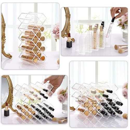 ELLDOO Rollerball Perfume Organizer, 14 Spaces Clear Acrylic Perfume Storage Holder, Stackable Beauty Scent Display Case for Lipgloss Lipstick Lip Gloss Avelisse