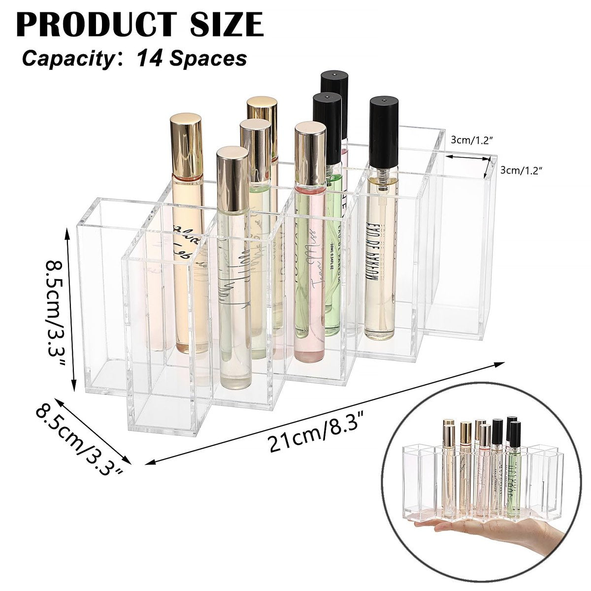 ELLDOO Rollerball Perfume Organizer, 14 Spaces Clear Acrylic Perfume Storage Holder, Stackable Beauty Scent Display Case for Lipgloss Lipstick Lip Gloss Avelisse