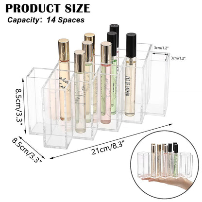 ELLDOO Rollerball Perfume Organizer, 14 Spaces Clear Acrylic Perfume Storage Holder, Stackable Beauty Scent Display Case for Lipgloss Lipstick Lip Gloss Avelisse