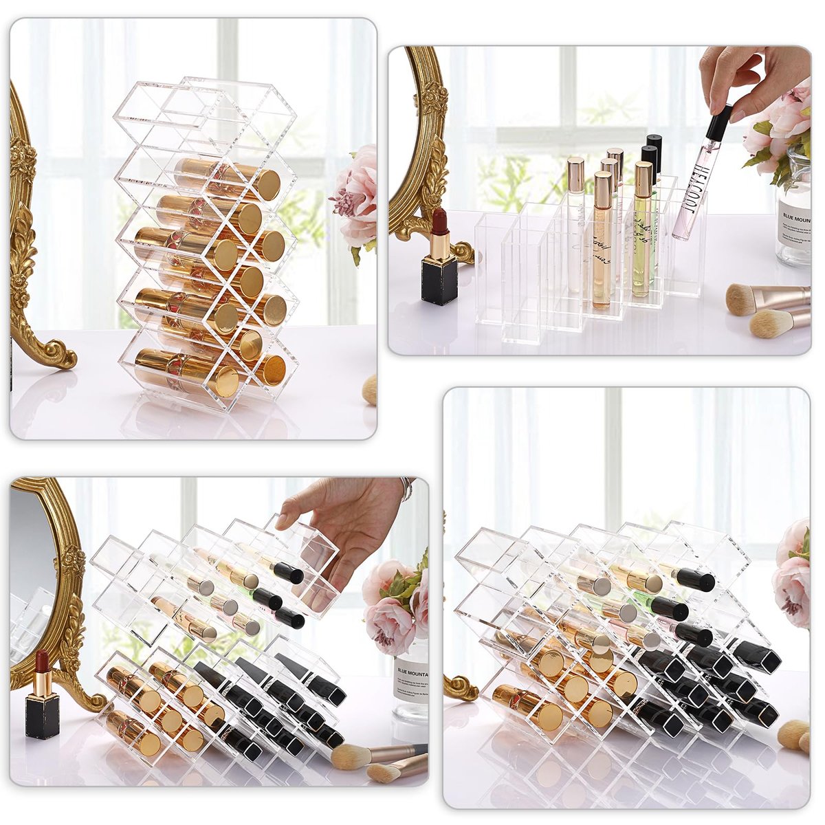 ELLDOO Rollerball Perfume Organizer, 14 Spaces Clear Acrylic Perfume Storage Holder, Stackable Beauty Scent Display Case for Lipgloss Lipstick Lip Gloss Avelisse