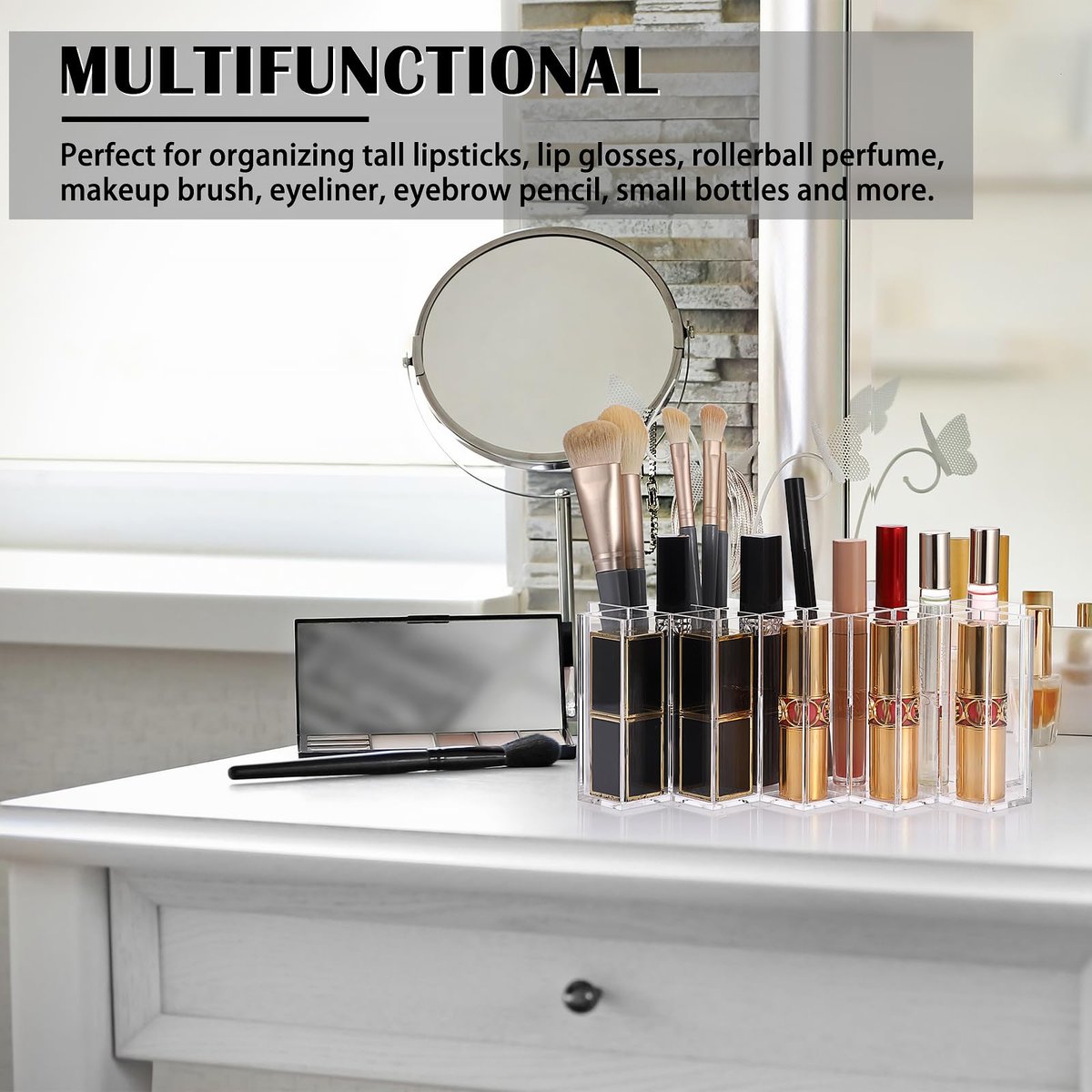 ELLDOO Rollerball Perfume Organizer, 14 Spaces Clear Acrylic Perfume Storage Holder, Stackable Beauty Scent Display Case for Lipgloss Lipstick Lip Gloss Avelisse