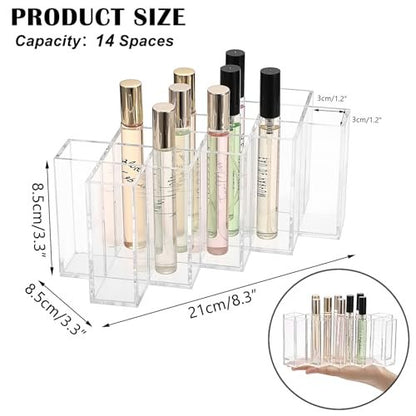 ELLDOO Rollerball Perfume Organizer, 14 Spaces Clear Acrylic Perfume Storage Holder, Stackable Beauty Scent Display Case for Lipgloss Lipstick Lip Gloss Avelisse