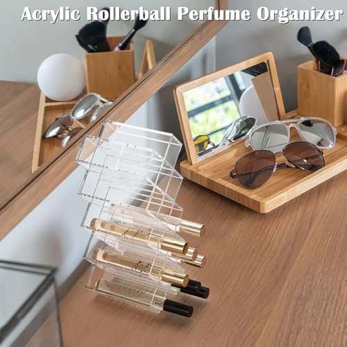 ELLDOO Rollerball Perfume Organizer, 14 Spaces Clear Acrylic Perfume Storage Holder, Stackable Beauty Scent Display Case for Lipgloss Lipstick Lip Gloss Avelisse