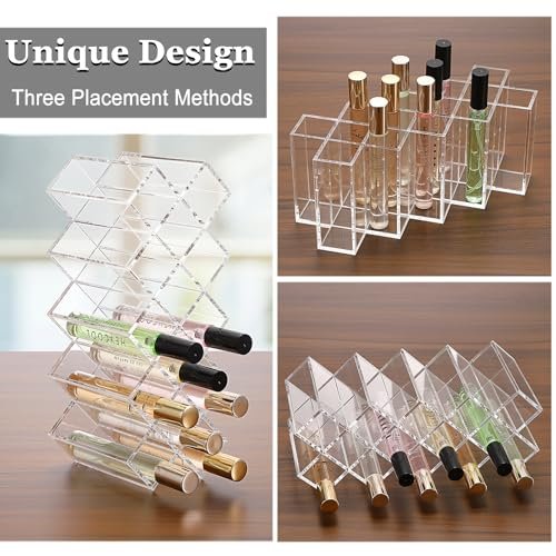 ELLDOO Rollerball Perfume Organizer, 14 Spaces Clear Acrylic Perfume Storage Holder, Stackable Beauty Scent Display Case for Lipgloss Lipstick Lip Gloss Avelisse