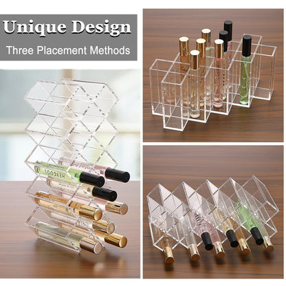 ELLDOO Rollerball Perfume Organizer, 14 Spaces Clear Acrylic Perfume Storage Holder, Stackable Beauty Scent Display Case for Lipgloss Lipstick Lip Gloss Avelisse