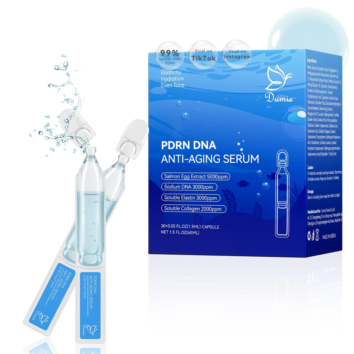 Salmon DNA PDRN Anti-Aging Serum – 5000ppm Salmon Egg DNA Ampoule with Collagen, Glutathione, Niacinamide & 6 Hyaluronic Acids – Korean Skincare for Wrinkles & Radiance (0.05 fl oz x 30) Avelisse