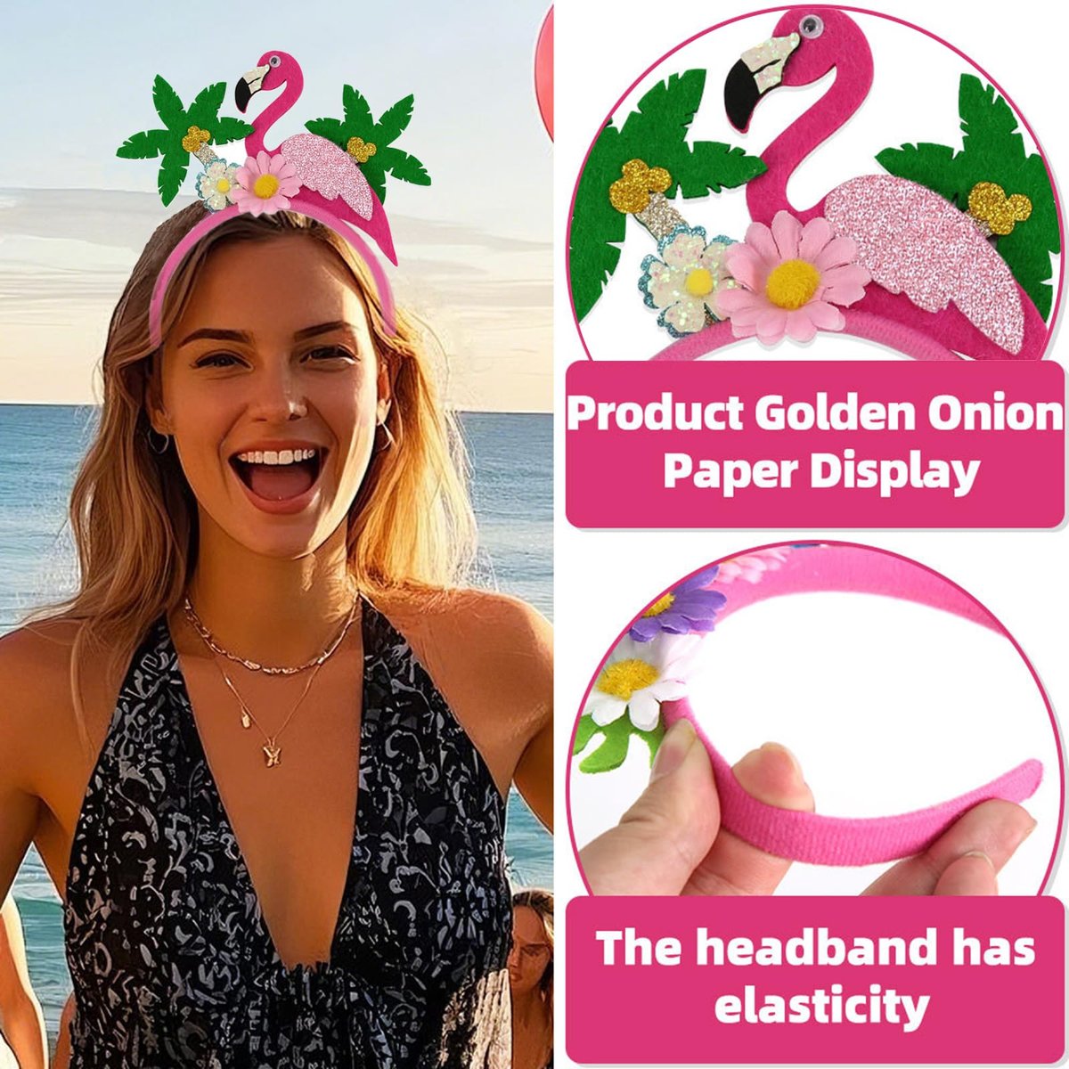Flamingo Headband Fashion Coconut Tree Hair Accessories for Women Hawaii Party Headbands for Girls Summer Beach Flower Hair Bands Pink Hair Decorations 1Pcs - görsel 3