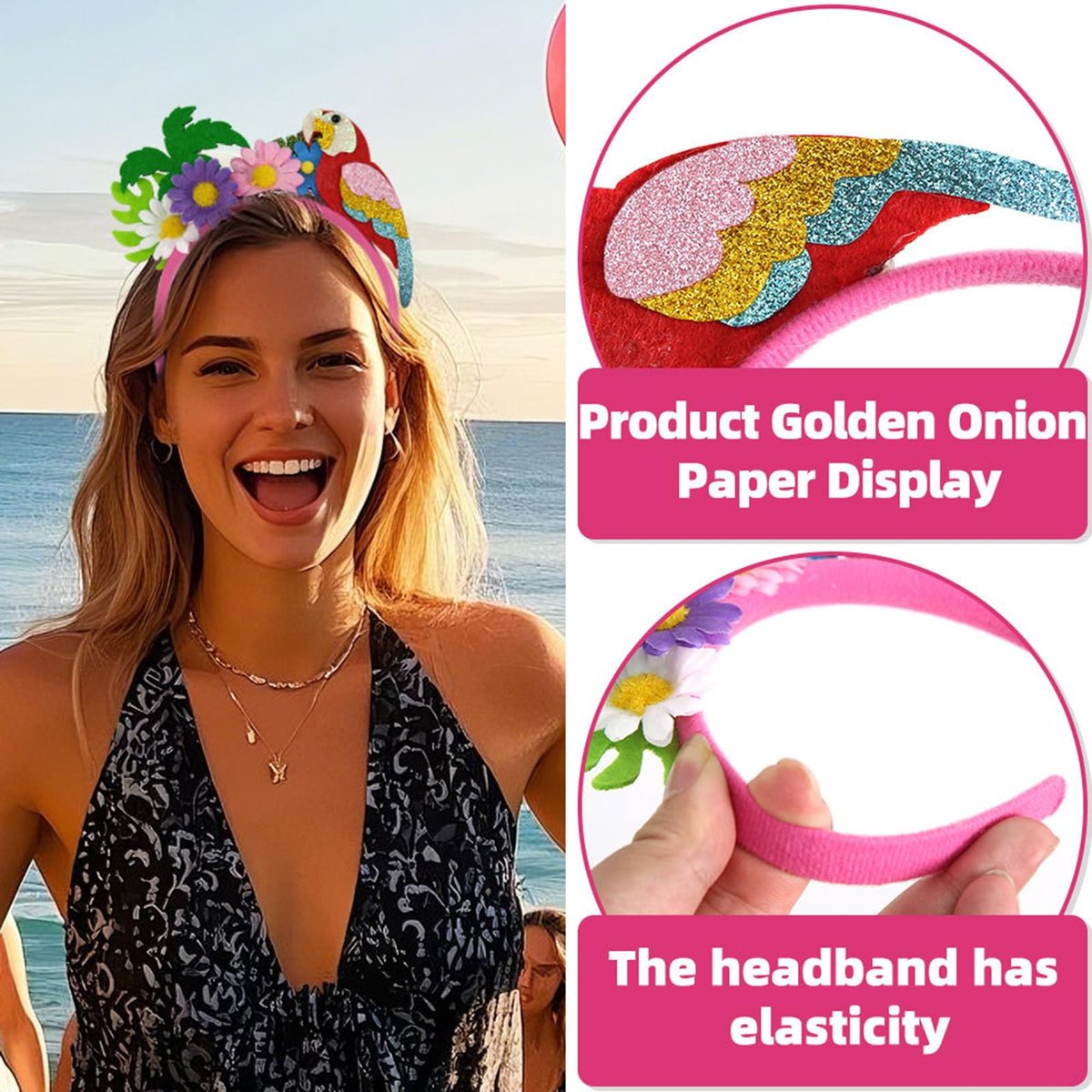 Hawaiian Parrot & Coconut Tree Headband - Summer Beach Flower Hair Accessory for Women & Girls - görsel 3