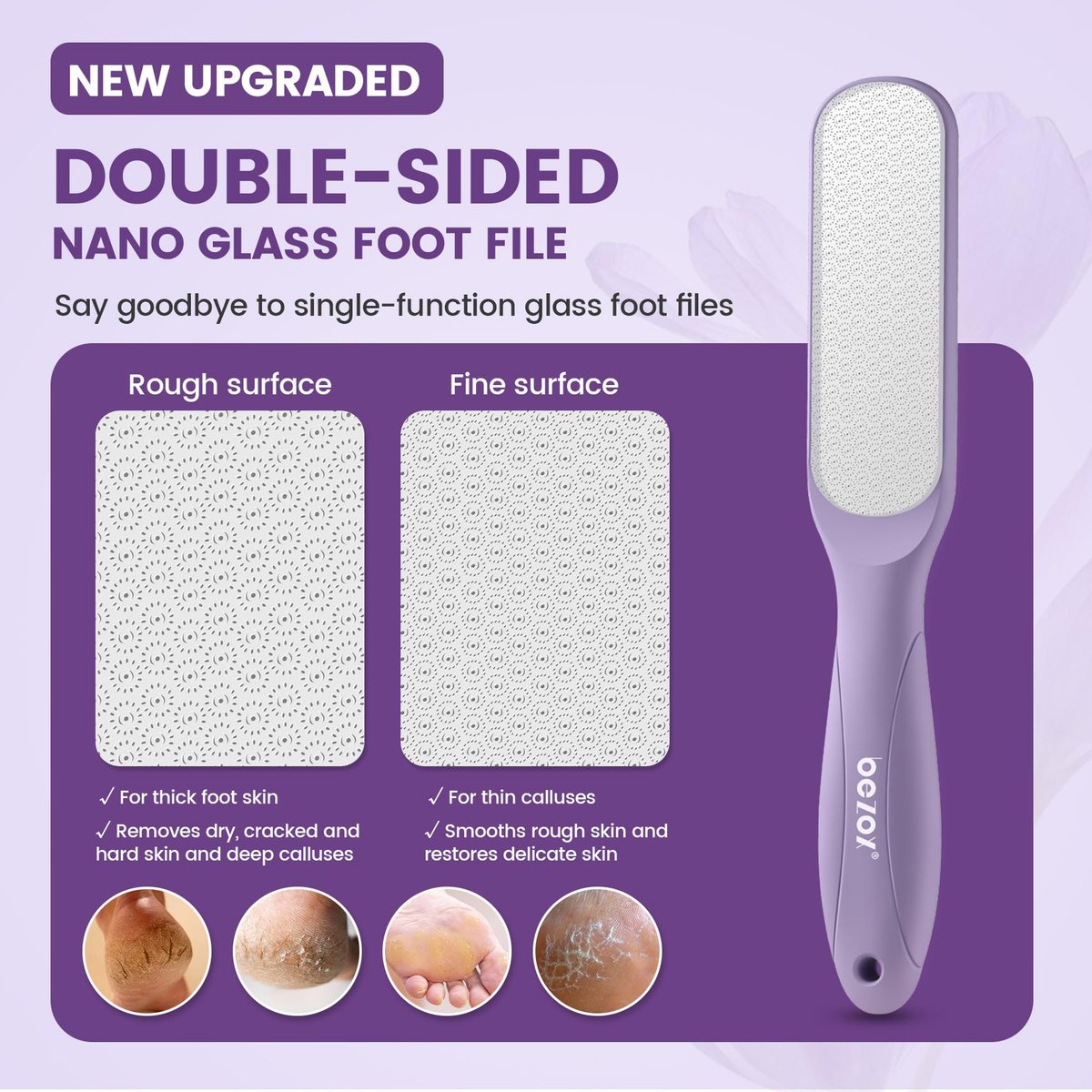 BEZOX Glass Foot File Callus Remover - Professional Pedicure Heel File for Silky Smooth Heels & Dead Skin Removal, Washable Foot Scraper (Purple, 1 Count) Avelisse