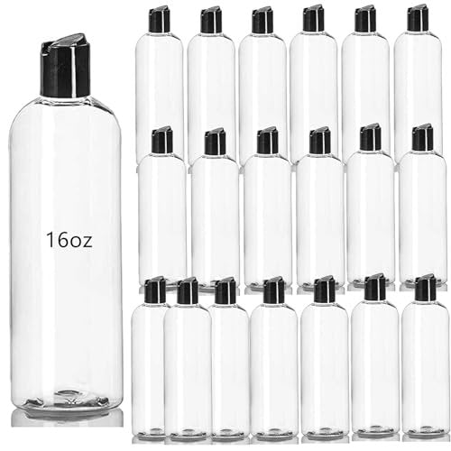 Zentriqlla 20 Pack 16oz Clear Plastic Empty Bottles - Squeezable Travel Containers with Disc Top Flip Caps for Shampoo, Lotion, Soap, BPA Free Avelisse