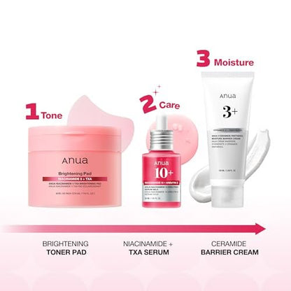 Anua Brightening Niacinamide Skincare Routine Set – TXA Toner Pad & Serum with Ceramide Moisturizer for Dark Spot Care & Hydration, Glass Skin Gift Set for Women, Korean Skincare Kit Avelisse