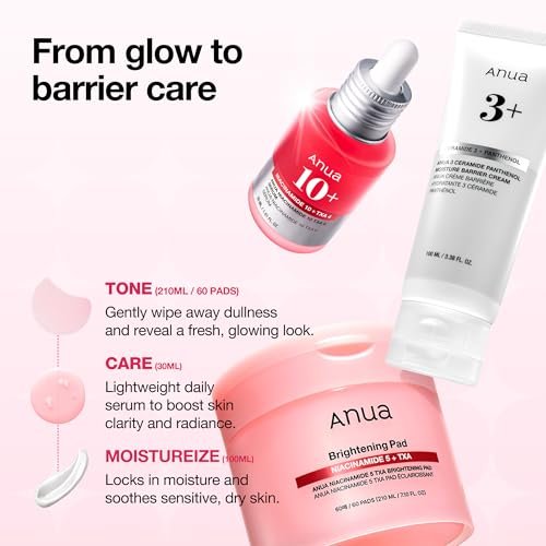 Anua Brightening Niacinamide Skincare Routine Set – TXA Toner Pad & Serum with Ceramide Moisturizer for Dark Spot Care & Hydration, Glass Skin Gift Set for Women, Korean Skincare Kit Avelisse