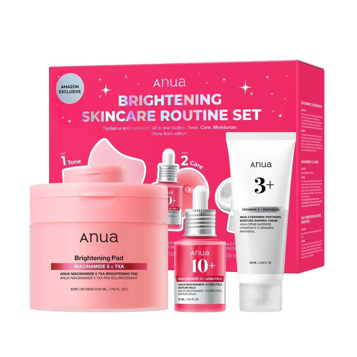 Anua Brightening Niacinamide Skincare Routine Set – TXA Toner Pad & Serum with Ceramide Moisturizer for Dark Spot Care & Hydration, Glass Skin Gift Set for Women, Korean Skincare Kit Avelisse
