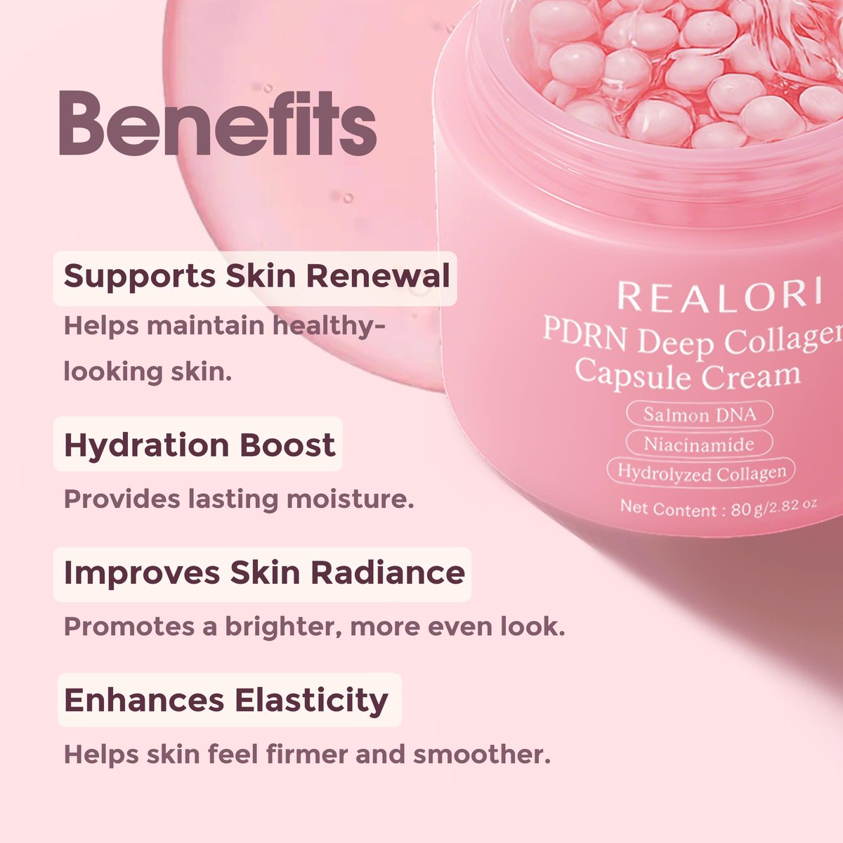 realori PDRN Capsule Cream with Vitamin C & Collagen – Korean Boba Moisturizer for Face, Pink Jelly Cream for Deep Hydration, Skin Repair, and Glow Avelisse