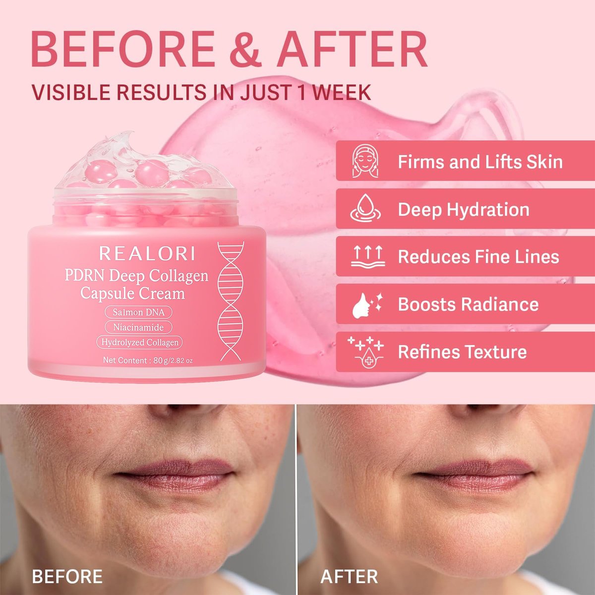 realori PDRN Capsule Cream with Vitamin C & Collagen – Korean Boba Moisturizer for Face, Pink Jelly Cream for Deep Hydration, Skin Repair, and Glow Avelisse
