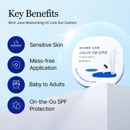 Round Lab Birch Juice Moisturizing UV Lock Sun Cushion SPF50+ PA++++ – 0.52 oz Mineral Sunscreen, No White Cast, Portable for Over Makeup, Korean Sunscreen for All Family