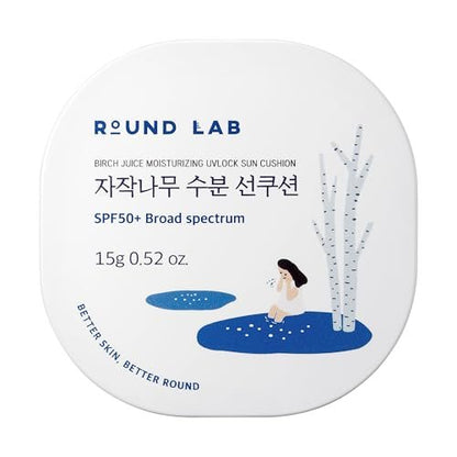 Round Lab Birch Juice Moisturizing UV Lock Sun Cushion SPF50+ PA++++ – 0.52 oz Mineral Sunscreen, No White Cast, Portable for Over Makeup, Korean Sunscreen for All Family