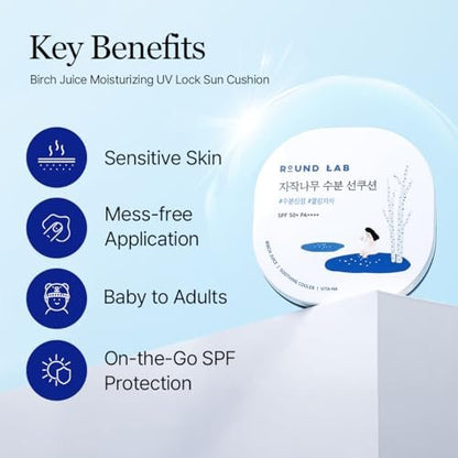 Round Lab Birch Juice Moisturizing UV Lock Sun Cushion SPF50+ PA++++ – 0.52 oz Mineral Sunscreen, No White Cast, Portable for Over Makeup, Korean Sunscreen for All Family