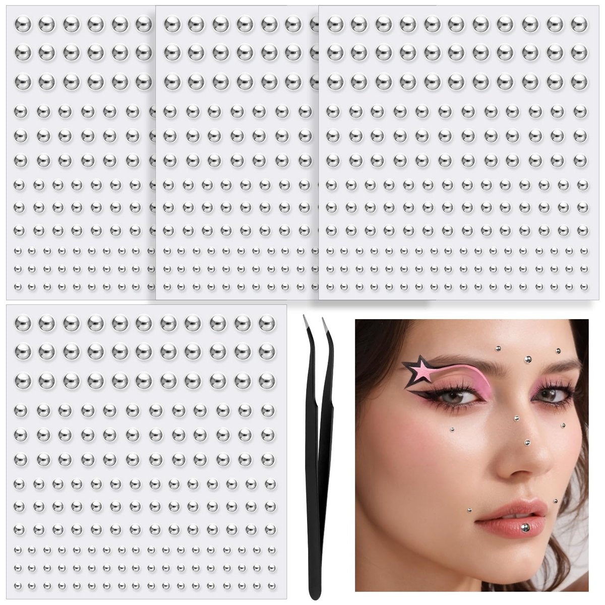 YGDZ Face Gems & Fake Piercings: Nose Stud Silver, Eyebrow, Lip, Stick On Face Stickers, Rave Accessories, Y2K Makeup for Women & Men - görsel 1