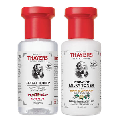 Thayers Purify & Hydrate Skin Care Set - Rose Petal Facial Toner & Hydrating Milky Toner for 48H Hydration, Pore Reduction, 2-Piece Kit