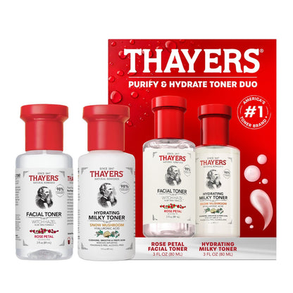 Thayers Purify & Hydrate Skin Care Set - Rose Petal Facial Toner & Hydrating Milky Toner for 48H Hydration, Pore Reduction, 2-Piece Kit