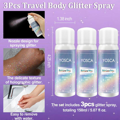 Yosca Body Glitter Spray - 3-Pack Holographic Silver Shimmer Spray for Body, Hair & Clothes - Long-Lasting Festival, Concert & Party Rave Accessories Avelisse
