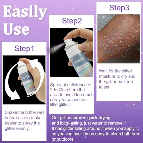Yosca Body Glitter Spray - 3-Pack Holographic Silver Shimmer Spray for Body, Hair & Clothes - Long-Lasting Festival, Concert & Party Rave Accessories Avelisse