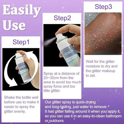 Yosca Body Glitter Spray - 3-Pack Holographic Silver Shimmer Spray for Body, Hair & Clothes - Long-Lasting Festival, Concert & Party Rave Accessories Avelisse