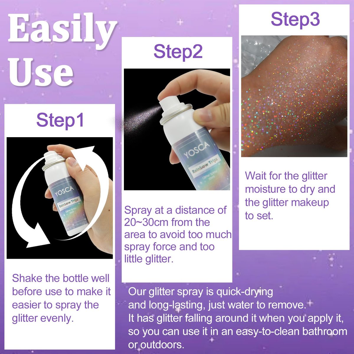 Yosca Body Glitter Spray - 3-Pack Holographic Silver Shimmer Spray for Body, Hair & Clothes - Long-Lasting Festival, Concert & Party Rave Accessories Avelisse