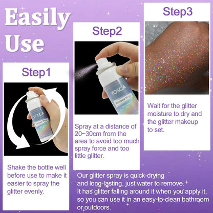 Yosca Body Glitter Spray - 3-Pack Holographic Silver Shimmer Spray for Body, Hair & Clothes - Long-Lasting Festival, Concert & Party Rave Accessories Avelisse