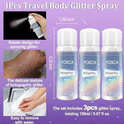 Yosca Body Glitter Spray - 3-Pack Holographic Silver Shimmer Spray for Body, Hair & Clothes - Long-Lasting Festival, Concert & Party Rave Accessories Avelisse