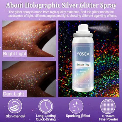 Yosca Body Glitter Spray - 3-Pack Holographic Silver Shimmer Spray for Body, Hair & Clothes - Long-Lasting Festival, Concert & Party Rave Accessories Avelisse