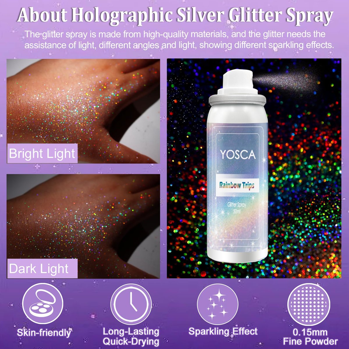 Yosca Body Glitter Spray - 3-Pack Holographic Silver Shimmer Spray for Body, Hair & Clothes - Long-Lasting Festival, Concert & Party Rave Accessories Avelisse